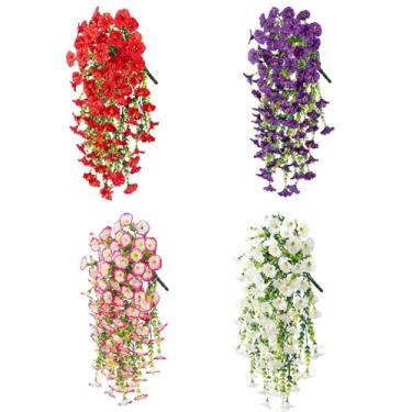 Imagem de 4 pacotes de flores artificiais para pendurar ao ar livre, resistente a UV, imitação de cor mista de seda com folhas de eucalipto, para decoração de varanda e varanda
