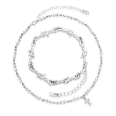 Imagem de LuxGoth Colar de arame farpado de aço inoxidável com espinhos e facadas cruzadas, gótico, punk rock, emoção, motociclista, cosplay, vintage, pequena, amuleto, joias, para homens e mulheres, prata