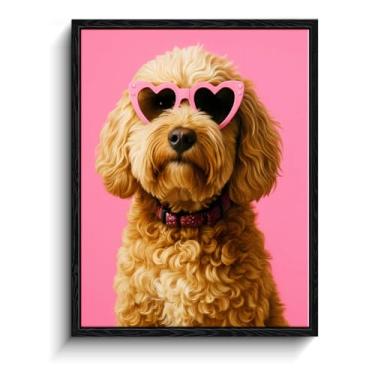 Imagem de Arte de parede de cachorro com óculos de sol de coração rosa, impressões de arte rosa modernas, decoração de parede extática para sala de estar quarto, pronto para pendurar 20 x 25 cm emoldurado