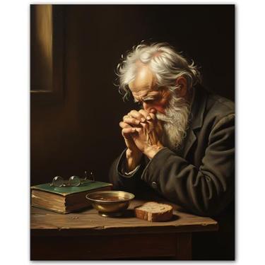 Imagem de Pintura clássica de oração Grace Before Meals - Impressão de arte de parede religiosa inspiradora - Imagem de homem orando sobre o pão - Pôster vintage de fé - Sem moldura 20 x 25 cm - Decoração de