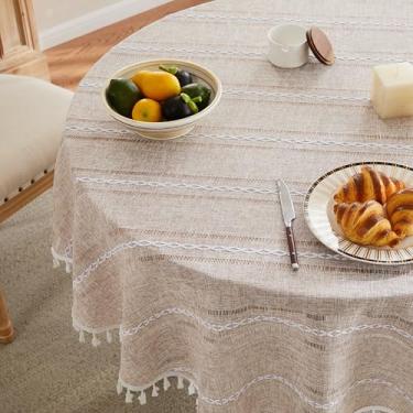 Imagem de ZeeMart Toalha de mesa boho listrada bordada com bainha 137 cm redonda natural, toalha de mesa neutra de linho de serapilheira de fazenda, resistente a vincos, lavável para mesa redonda