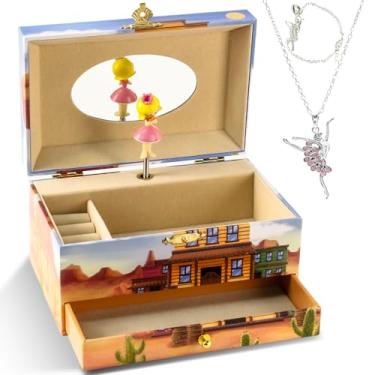 Imagem de Cipherwest Caixa de joias Western Cowgirl para meninas, toca "Over the Rainbow", caixa de tesouro musical com tema de deserto com colar e conjunto de pulseira, organizador de armazenamento infantil