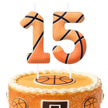 Imagem de Velas de aniversário número 15 de basquete, topo de bolo com tema de basquete para meninos e meninas, decorações de bolo para aniversários, suprimentos de festa com tema esportivo, velas para