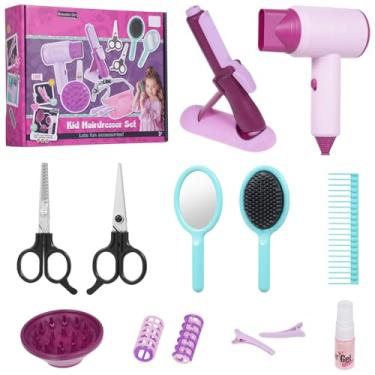 Imagem de Brinquedos de Salão Beleza para Meninas Playset Secador Cabelo Luz Ar Pente Efeito Aquecimento Espelho Tesoura Grampo Acessórios Modelagem Rolo Cachos