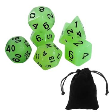 Imagem de Conjunto 7 Mini Dados Rpg D&d Verde Brilha No Escuro Glow In The Dark Boardgame + Bolsa