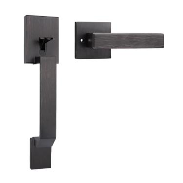 Imagem de Probrico Maçaneta de porta frontal de bronze polido a óleo, maçaneta de porta de entrada moderna com alavanca reversível, maçaneta de porta de passagem quadrada sem trava