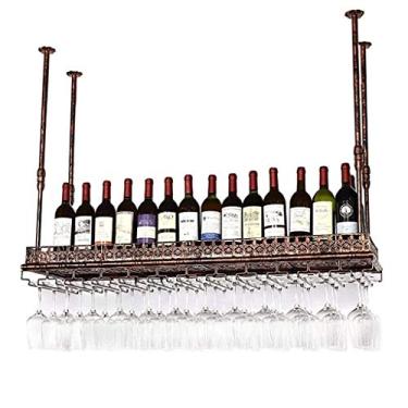 Imagem de Prateleiras de vinho suspensas no teto, suporte de taça de vinho suspenso de metal | Suporte de garrafa de vinho Suporte de taça para bar de cozinha doméstica, bronze vintage (tamanho: 80 × 35 cm (32