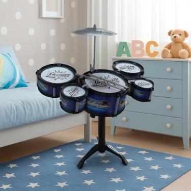 Imagem de Bateria Musical Infantil com 5 Tambores, Prato Metálico, 2 Baquetas, Base Tripé, 45x38x19 cm, para Crianças a partir de 3 Anos Azul e VErmelho Sortido