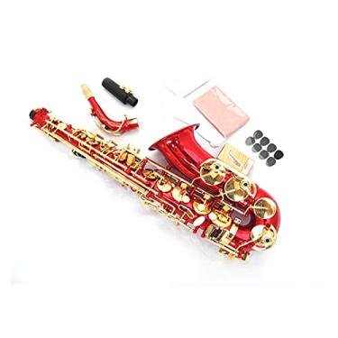 Imagem de Kit para iniciantes saxofone alto instrumento musical real saxofone corpo de latão dourado carmesim dourado chave sax com caixa resistente instrumento de sopro