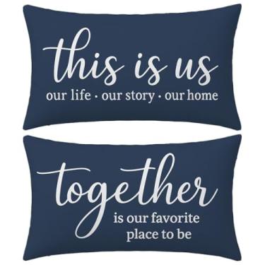 Imagem de HERHOME This is us/Together is Our Favorite Place to be Farmhouse Capas de almofada decorativas 12 x 20 conjunto de 2, capas de almofada para área externa azul marinho para cama de casa sofá XHP-234