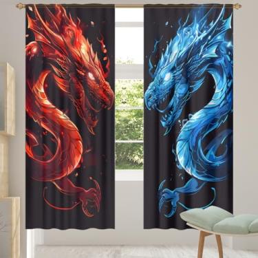 Imagem de 2 conjuntos de painéis dragão vermelho azul cortinas transparentes arejadas com filtro leve painéis de cortina leve cortina de porta janela para sala de estar, quarto, jantar, 192 cm de comprimento