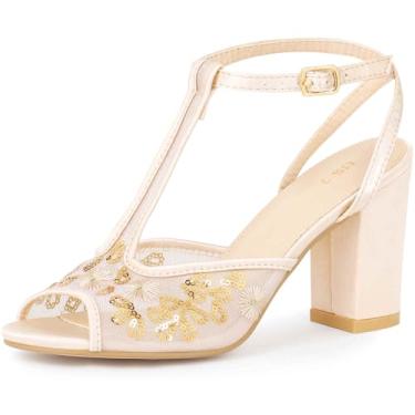 Imagem de Perphy Sandálias femininas de salto grosso com bordado floral, Dourado, 40