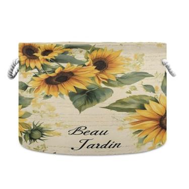 Imagem de SEHANY Cesta redonda grande de girassol amarelo com alça de corda, cesto de roupa suja de lona para armazenamento de cobertores, cesta de armazenamento infantil para quarto de banho, decoração de