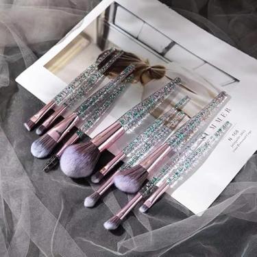 Imagem de Conjunto de 10 pincéis de maquiagem, portátil com alça de cristal, inclui pó solto e pincéis de sombra.