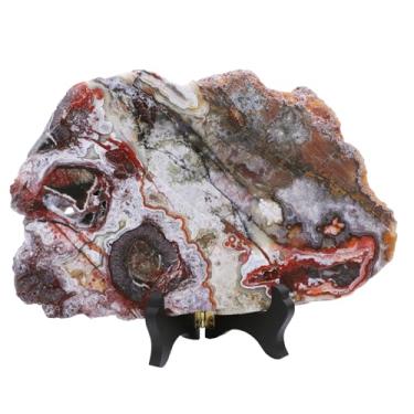 Imagem de Rockcloud Laje de ágata mexicana natural com suporte de madeira, amostra de fatia de ágata irregular para exibição de mesa de escritório em casa, 5 a 600 g