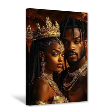 Imagem de CXHOSTENT Arte de parede de rei e rainha africana imagens de casal preto impressão em tela afro-americana pintura amor preto decoração de quarto emoldurada (30,5 cm x 45,7 cm)