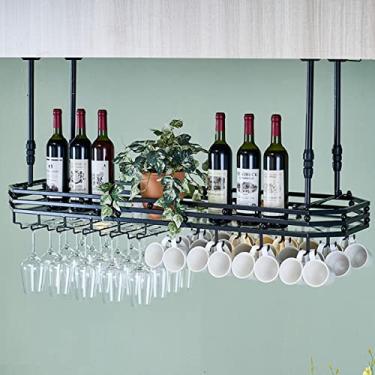 Imagem de APUM Suporte para copos de vinho de teto, suporte de taça de vinho para pendurar, suporte de taça de vinho de metal com prateleira de exibição, armário de rack de vinho suspenso com altura ajustável