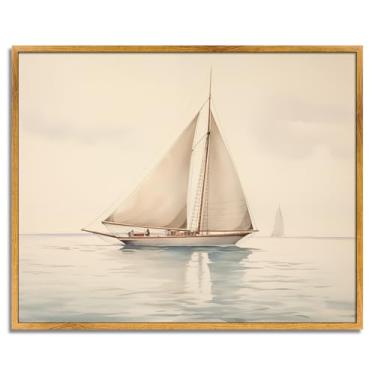 Imagem de Arte de parede emoldurada vintage impressões oceânicas em tela de veleiro branco pintura de paisagem marítima retrô clássica costeira pôsteres de praia à vela quadro emoldurado barco náutico arte