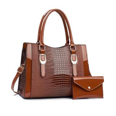 Imagem de NICOLE & DORIS Mala Tote 2 peças malas mulher mala de mão elegante mala com porta-moedas mala de tiracolo envernizado mala de ombro para viagens compras trabalho, Castanho, L, Tote, Ombro, Crossbody