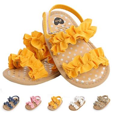 Imagem de Ohwawadi Sandálias para bebês meninos meninas sola macia verão vestido de casamento sapatos rasos sandália praia recém-nascido berço sapatos primeiros andadores, A10/amarelo, 12-18 Meses