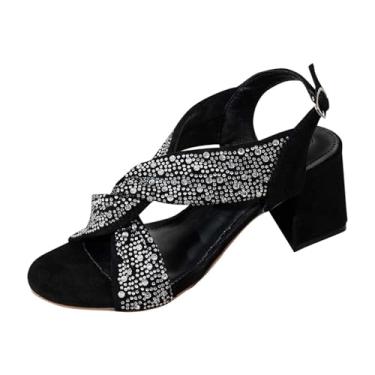 Imagem de Sandálias femininas de salto grosso de cristal para uso casual e versátil primavera verão moda lazer ao ar livre sem caixa de sapatos, Preto, 36