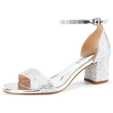 Imagem de Perisis Sandália feminina de bico aberto com tiras de salto baixo com strass brilhante, salto grosso, elegante, com tira no tornozelo, fivela de metal para noivas de casamento, Prata, 41