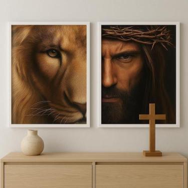 Imagem de Kit 2 Quadros Rosto De Jesus Cristo E Leão 45X34Cm - Quadros On-Line