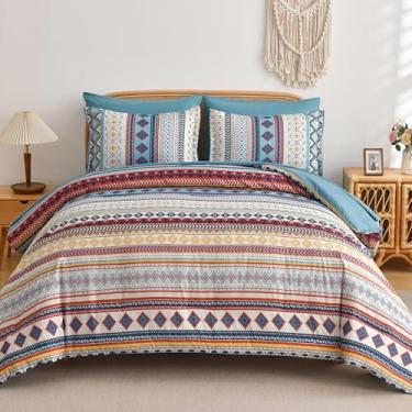 Imagem de Mybedsoul Conjunto de edredom azul e vermelho asteca, 7 peças, cama boho, tamanho queen, em uma bolsa, conjunto de cama para todas as estações, com lençóis e fronhas, estampa geométrica listrada