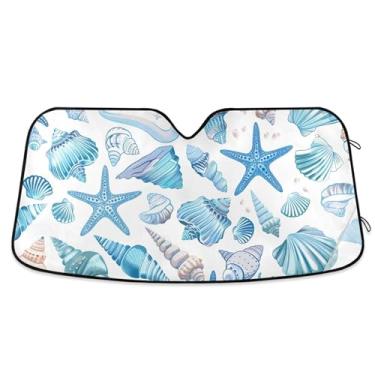 Imagem de Pára-sol azul estrela do mar bonito concha para para-brisa de carro impressão retrátil personalizada engraçada capa de para-brisa automotiva protetor solar L, 144,8 cm x 80 cm