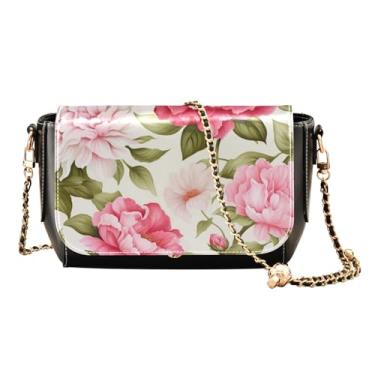 Imagem de Bolsa tiracolo feminina de couro floral vintage com flores amarelas e laranjas, bolsas transversais de couro para mulheres modernas, Peônia rosa e verde floral - 2, One Size