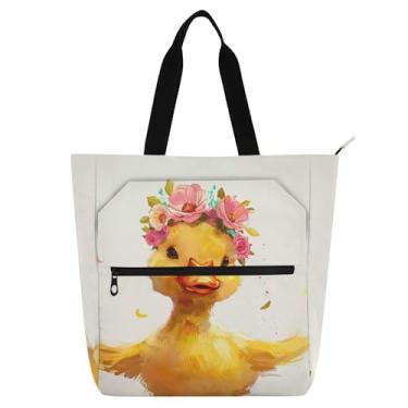 Imagem de Bolsa de trabalho com coroa de flor de pato amarela para mulheres, bolsa escolar de lona com zíper, bolsas para professores, presentes para amantes de livros