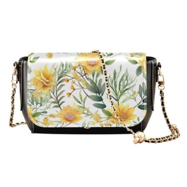 Imagem de Bolsas de couro floral em azul escuro para mulheres modernas, bolsas de ombro de couro PU, bolsas transversais de couro, Flores e folhas amarelas - 4, One Size