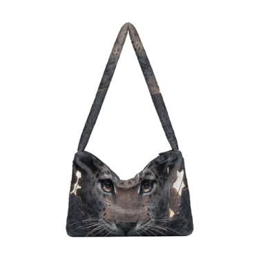 Imagem de Bolsa de pelúcia Ferocious Leopard preta de parede quebrada, sacola com zíper e alça de ombro, bolsa de ombro para mulheres, Ferocious Flame Leopard Behind Black, One Size