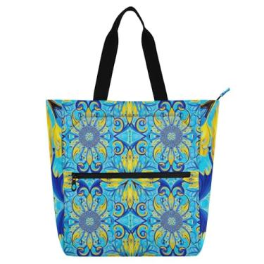 Imagem de GAIGEO Sacola tradicional floral azul amarela para mulheres crianças com zíper livro escola trabalho viagem utilitário bolsa de lona reutilizável