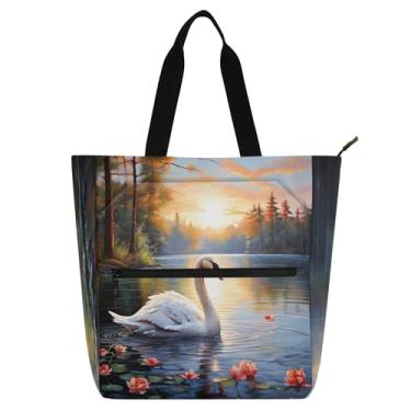 Imagem de Bolsas de trabalho com cena floral cisne para mulheres, bolsa de lona universitária, bolsas para professores, livros, presentes