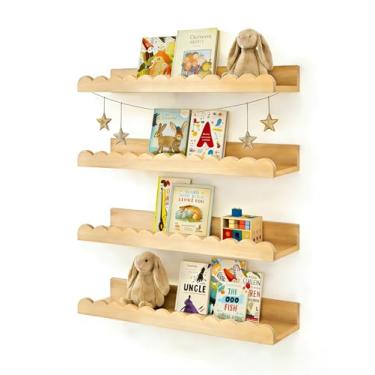 Imagem de Prateleiras recortadas para berçário - Estante de berçário para parede, conjunto de 4, prateleiras flutuantes de livros de parede para crianças de quarto, 40,6 cm, natural
