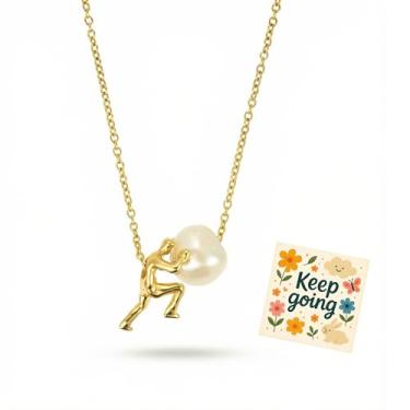 Imagem de Colar de sísifo para mulheres e homens, pingente de ouro Keep Going com pérola, mitologia grega, mitologia inspiradora, inspirado na subida eterna, joias masculinas empurrando pedras presentes, Sem