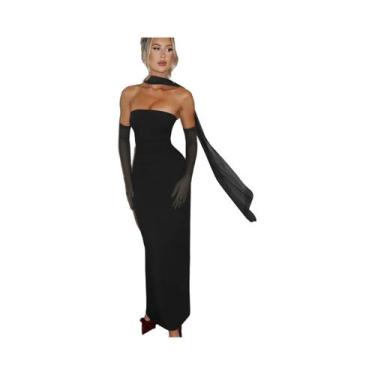 Imagem de Vestido Maxi Sem Alças Para Mulheres, Elegante Com Luvas De Malha, Mod