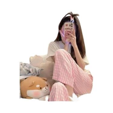 Imagem de Calças De Pijama Femininas De Verão Em Xadrez Casuais Respiráveis Com 