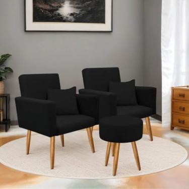 Imagem de Poltrona Decorativa com Puff Sala | Estofada em Suede, Pé Palito Madeira, Conforto e Design Moderno(Preto)