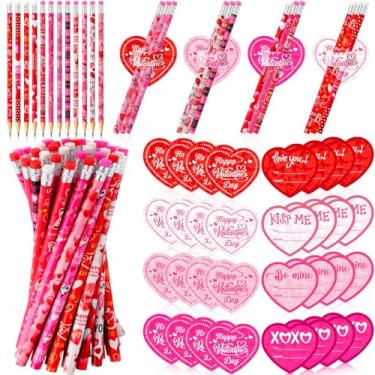 Imagem de Sayglossy 48 Pack Valentine's Day Heart Pencils Bulk and Valentine Exchange Card for Valentine Party Favor Office Rewards Gift Exchange Prizes Supplies