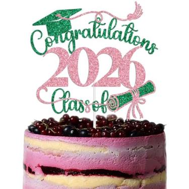 Imagem de Congratulations Class of 2026 Cake Topper, Congrats Grad 2026 Decorations, You Did it, Congrats PhD/MBA/EdD/Master Grad Decoration Supplies Green & Pink Glitter