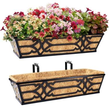 Imagem de cheehigo Caixa de plantador de trilhos, caixas de plantador de janela ao ar livre, pacote com 2, plantador suspenso de 40,6 cm com suporte ajustável para varanda, cestas de flores de cerca com forros