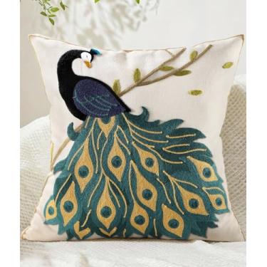 Imagem de Kokaaee Capa de almofada bordada 45,7 x 45,7 cm - Capas de almofada decorativas de primavera Boho com zíper para sofá, quarto, sala de estar, almofada, fronha, pavão