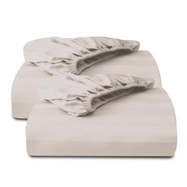 Imagem de Pacote com 2 lençóis Queen 100% algodão egípcio, 600 fios, bolso profundo de cetim de 20 a 40 cm, macio, respirável, confortável e de qualidade de hotel (Queen, listrado bege claro)