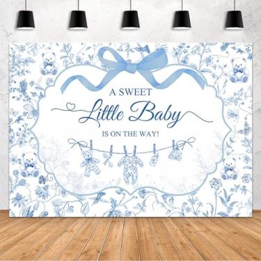 Imagem de MEHOFOND Toile de Jouy Pano de fundo de chá de bebê para menino, um bebê doce está a caminho, decoração faixa azul laço roupas de bebê chinoiserie floral urso chá de bebê fundo fotográfico 2,1 x 1,5 m