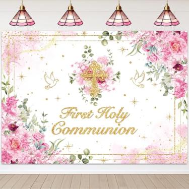 Imagem de Fundo de Primeira Comunhão Flor Rosa Cruz Dourada God Bless Fundo Fotográfico Meninas Batizado Festa de Bebê Decoração Banner