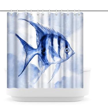 Imagem de Canvbay Cortina de chuveiro Angel Fish, aquarela azul costeiro oceano peixe cortina de banho para decoração de casa de banho infantil 183 cm x 183 cm com ganchos