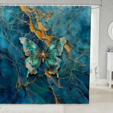 Imagem de Erosebridal Conjunto de cortina de chuveiro borboleta aquarela, cortina de banheiro de mármore gradiente azul-petróleo dourado para crianças e adultos, conjunto de banheiro de arte abstrata moderna