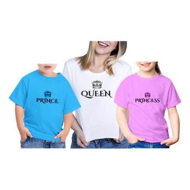 Imagem de Kit Camiseta Mãe E Filho Queen Princess Branco Rosa Azul Pt - Sete Set